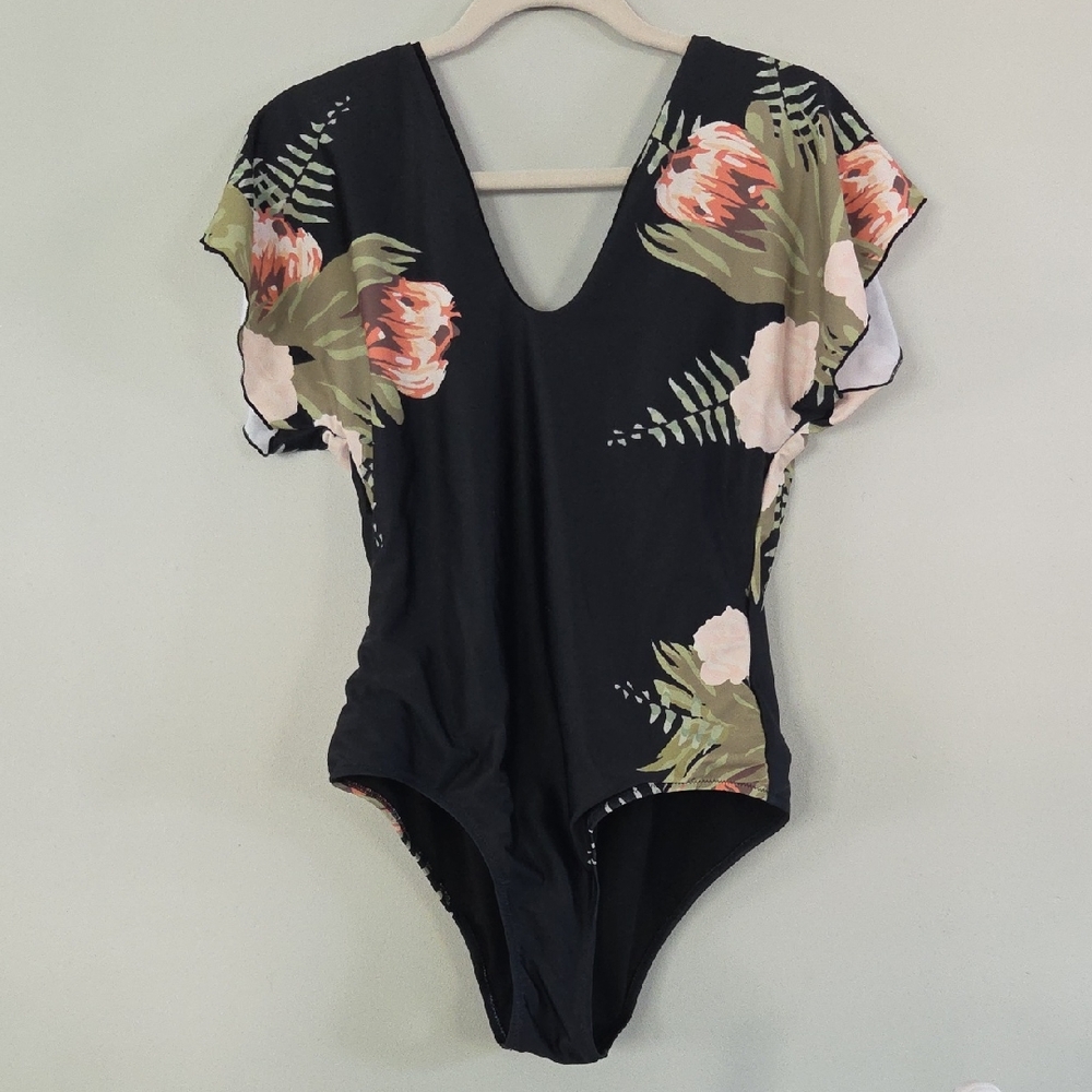Black Floral One-Piece Swimsuit with V-Neck
